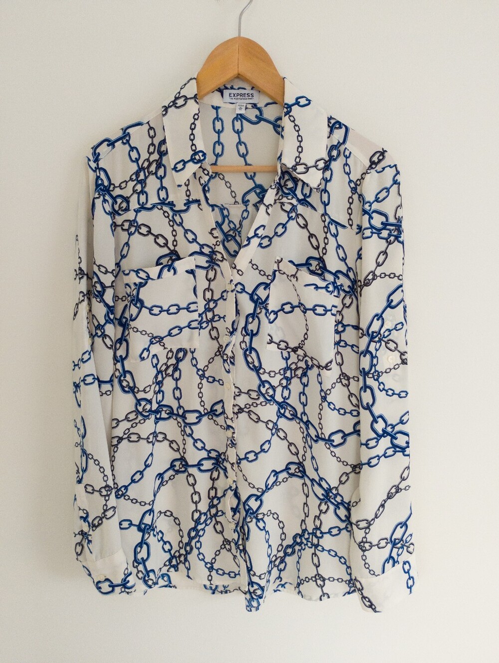 Express The Portofino Shirt XL Blue Nautical Chain Link Print Button Down Blouse